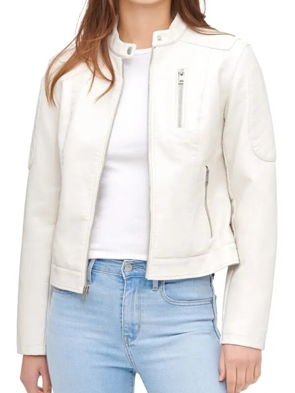 Levi's Cream Quilted Sleeve Moto-Style Leather Jacket